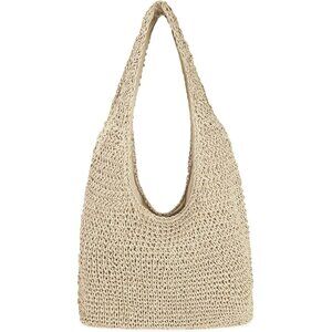 Women's Beige Large Straw Beach Bag Handmade Woven Shoulder Hobo Tote Handbag